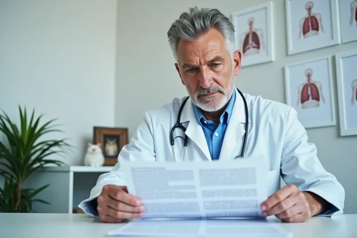 Médecin allergologue en cabinet médical consultant un bilan pulmonaire lié aux allergies aux poils de chat
