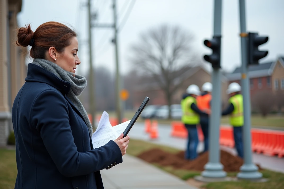 Femme officielle vérifiant plans de travaux de trafic