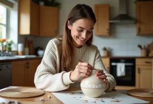 Jeune femme peignant un vase en céramique dans la cuisine
