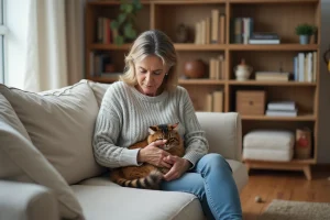 Femme tenant un chat poilu sur ses genoux, poils de chat visibles sur ses vêtements dans un salon moderne