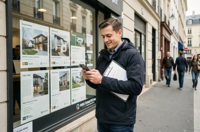 Homme consultant son téléphone devant une agence immobilière après avoir obtenu sa prime d'installation