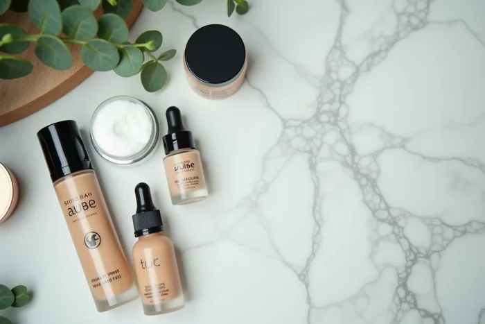 Produits cosmétiques sur un comptoir en marbre avec logo certification cruelty free visible sur l'emballage