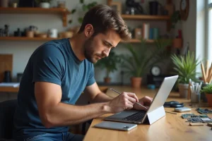 Jeune homme réparant une tablette avec précision