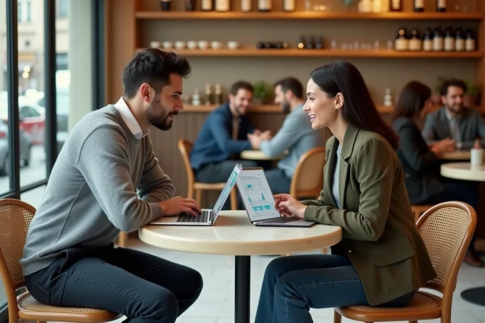 Deux freelances en réunion de travail dans un café parisien discutant d'offres sur mesure pour indépendants