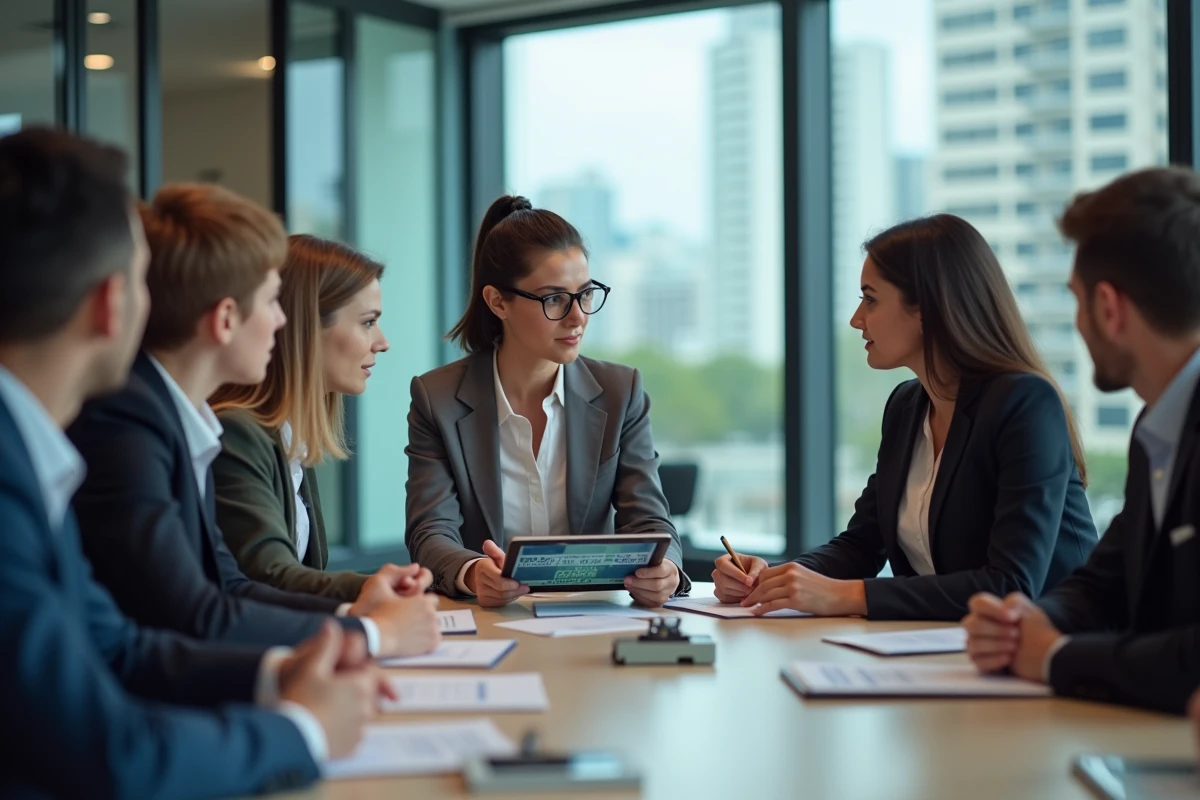 Groupe de professionnels discutant autour d