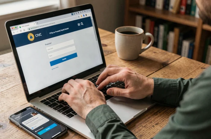 Mains d'un professionnel saisissant des identifiants sur un portail extranet sécurisé avec vérification par smartphone