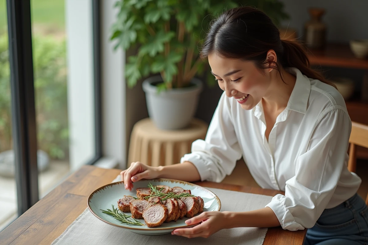 Jeune femme disposant des tranches de porc sur une assiette
