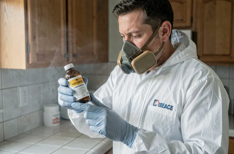 Technicien en combinaison de protection lisant l'étiquette d'un insecticide à la deltaméthrine dans une cuisine résidentielle