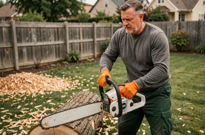 Homme utilisant une tronçonneuse électrique Oregon CS1400 dans un jardin pour couper une bûche de chêne