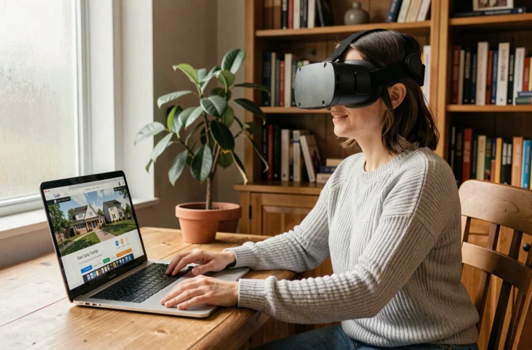 Femme portant un casque VR pour visiter une maison en réalité virtuelle depuis son bureau à domicile
