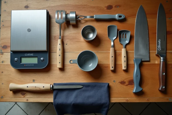 Vue de dessus d'une sélection d'ustensiles de cuisine indispensables disposés à plat sur une table en chêne dans un style éditorial culinaire