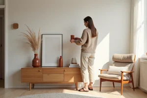 Jeune femme arrangeant vases modernes dans un salon lumineux